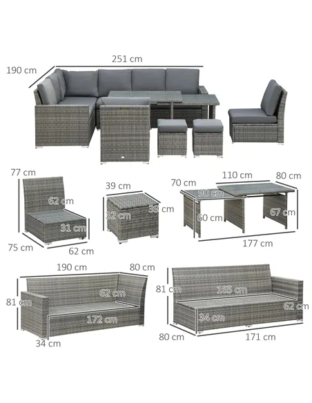 Outsunny Seven-Piece Rattan Garden Sofa Set, with Expanding Table - Grey