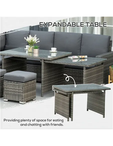 Outsunny Seven-Piece Rattan Garden Sofa Set, with Expanding Table - Grey