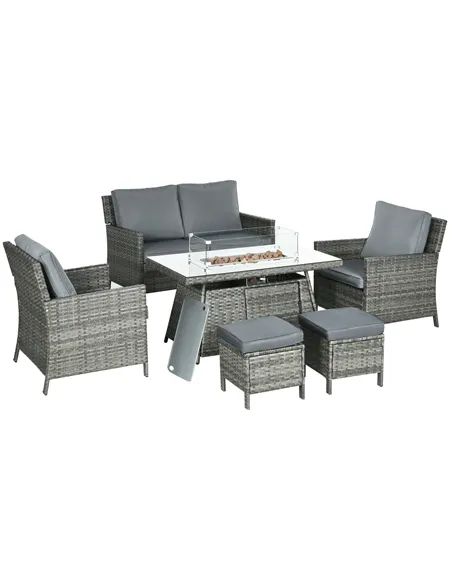 Outsunny 6 Seater Rattan Garden Furniture Set, Gas Fire Pit Table, Wicker Loveseat, 2 Armchairs and 2 Footstools, 6 Piece Patio 