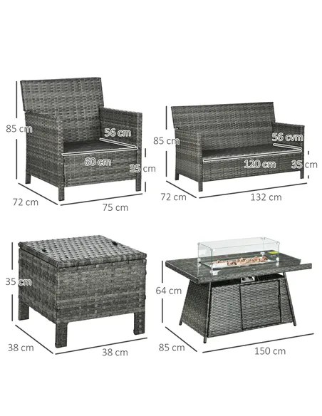 Outsunny 6 Seater Rattan Garden Furniture Set, Gas Fire Pit Table, Wicker Loveseat, 2 Armchairs and 2 Footstools, 6 Piece Patio 