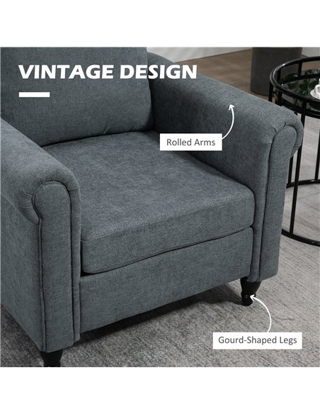 HOMCOM Vintage Accent Chair, Upholstered Occasional Chair with Back Pillow, Rolled Arms,  Rubber Wood Legs, Grey
