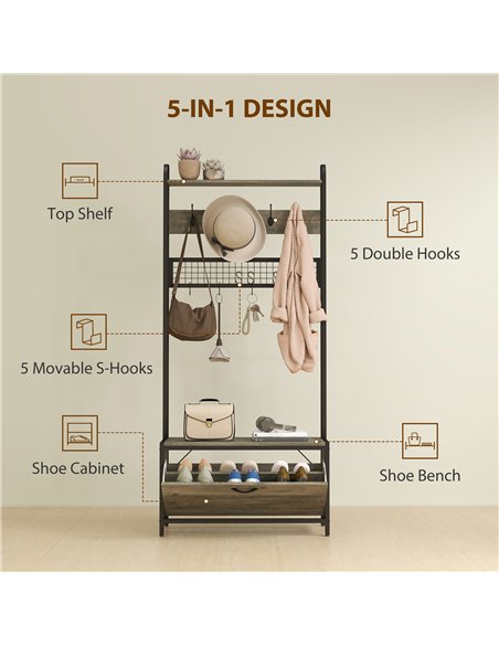HOMCOM 5-In-1 Industrial-Style Hallway Tree - Grey/Black