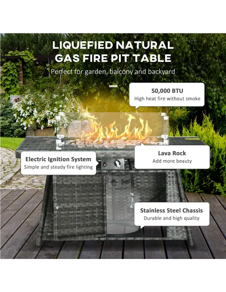 Outsunny 6 Seater Rattan Garden Furniture Set, Gas Fire Pit Table, Wicker Loveseat, 2 Armchairs and 2 Footstools, 6 Piece Patio 