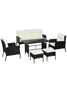 Outsunny 5 Seater Rattan Garden Furniture Set, 2 Armchairs, 3-Seater Wicker Sofa, 2 Footstools and Glass Table, 6 Piece Patio Ra