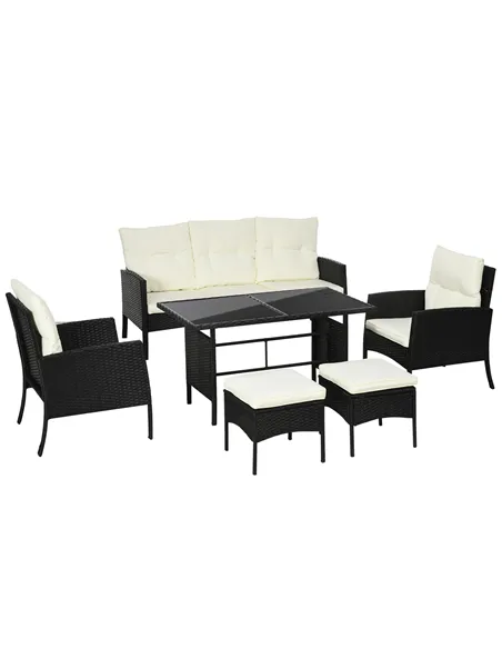 Outsunny 5 Seater Rattan Garden Furniture Set, 2 Armchairs, 3-Seater Wicker Sofa, 2 Footstools and Glass Table, 6 Piece Patio Ra