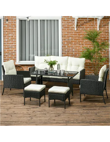 Outsunny 5 Seater Rattan Garden Furniture Set, 2 Armchairs, 3-Seater Wicker Sofa, 2 Footstools and Glass Table, 6 Piece Patio Ra