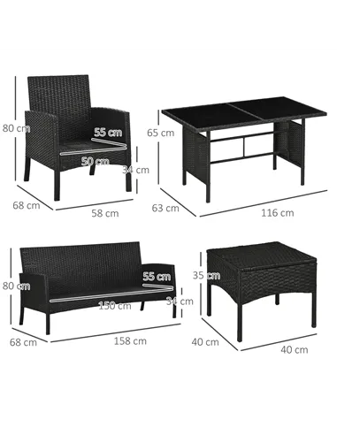 Outsunny 5 Seater Rattan Garden Furniture Set, 2 Armchairs, 3-Seater Wicker Sofa, 2 Footstools and Glass Table, 6 Piece Patio Ra