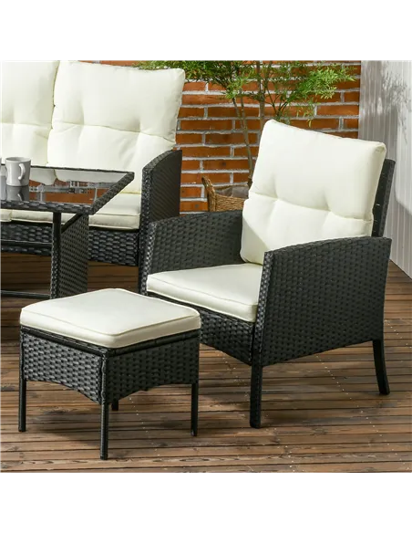 Outsunny 5 Seater Rattan Garden Furniture Set, 2 Armchairs, 3-Seater Wicker Sofa, 2 Footstools and Glass Table, 6 Piece Patio Ra