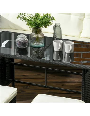 Outsunny 5 Seater Rattan Garden Furniture Set, 2 Armchairs, 3-Seater Wicker Sofa, 2 Footstools and Glass Table, 6 Piece Patio Ra