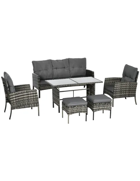 Outsunny 5 Seater Rattan Garden Furniture Set, 2 Armchairs, 3-Seater Wicker Sofa, 2 Footstools and Glass Table, 6 Piece Patio Ra