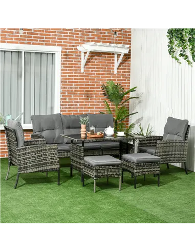 Outsunny 5 Seater Rattan Garden Furniture Set, 2 Armchairs, 3-Seater Wicker Sofa, 2 Footstools and Glass Table, 6 Piece Patio Ra