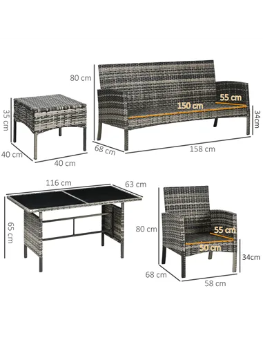 Outsunny 5 Seater Rattan Garden Furniture Set, 2 Armchairs, 3-Seater Wicker Sofa, 2 Footstools and Glass Table, 6 Piece Patio Ra