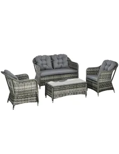 Outsunny Four-Piece Rattan Sofa Set, with Glass-Top Table - Mixed Grey