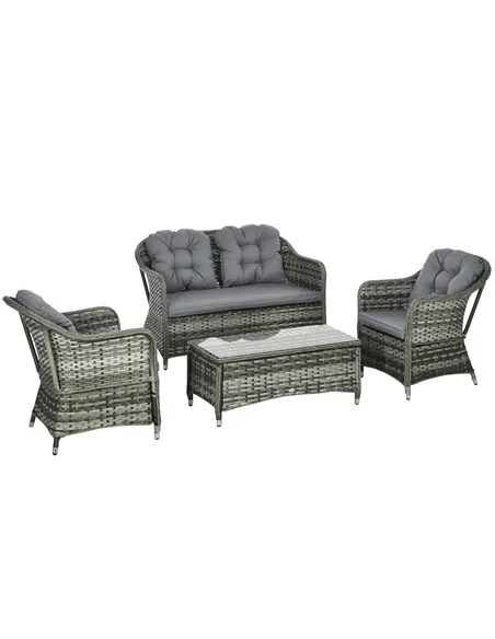 Outsunny Four-Piece Rattan Sofa Set, with Glass-Top Table - Mixed Grey