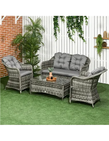 Outsunny Four-Piece Rattan Sofa Set, with Glass-Top Table - Mixed Grey