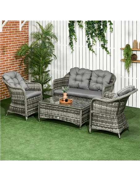 Outsunny Four-Piece Rattan Sofa Set, with Glass-Top Table - Mixed Grey