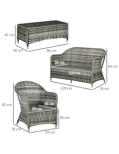 Outsunny Four-Piece Rattan Sofa Set, with Glass-Top Table - Mixed Grey