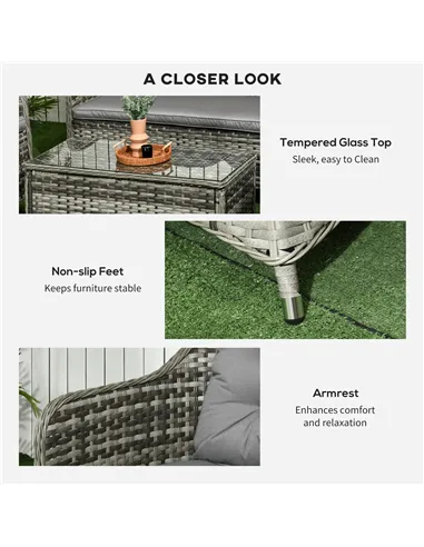 Outsunny Four-Piece Rattan Sofa Set, with Glass-Top Table - Mixed Grey