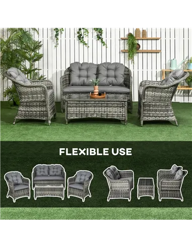 Outsunny Four-Piece Rattan Sofa Set, with Glass-Top Table - Mixed Grey