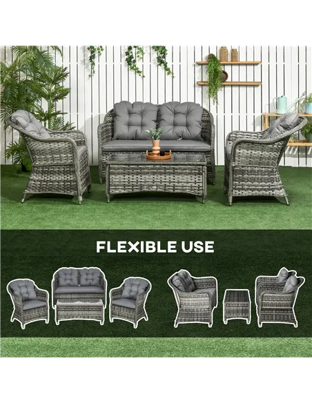 Outsunny Four-Piece Rattan Sofa Set, with Glass-Top Table - Mixed Grey
