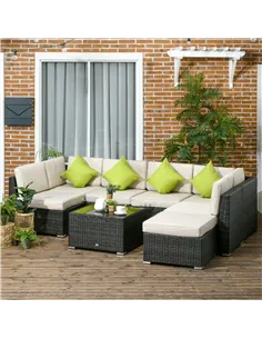 Outsunny 7-Seater PE Rattan Corner Sofa Set, Garden Furniture Set, Patio Wicker Sofa Seater w/ Cushion, Washable Cushion Cover & 2