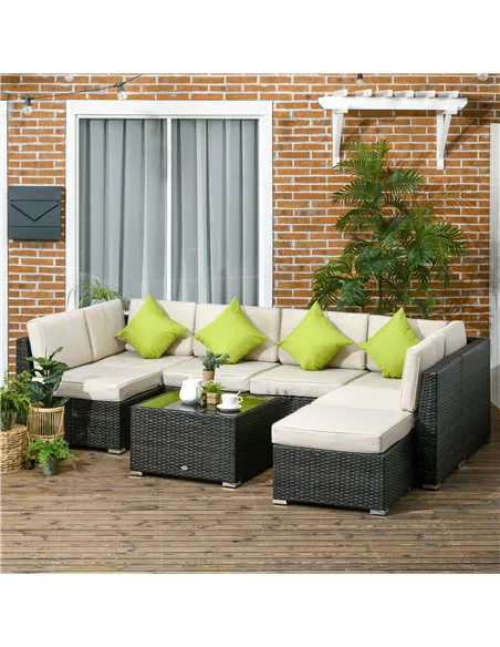 Outsunny 7-Seater PE Rattan Corner Sofa Set, Garden Furniture Set, Patio Wicker Sofa Seater w/ Cushion, Washable Cushion Cover &