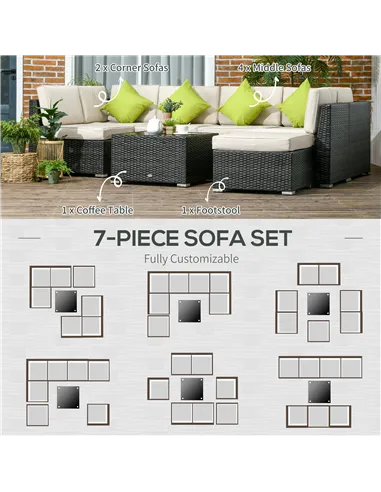 Outsunny 7-Seater PE Rattan Corner Sofa Set, Garden Furniture Set, Patio Wicker Sofa Seater w/ Cushion, Washable Cushion Cover &
