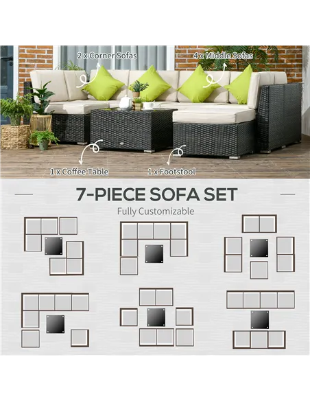 Outsunny 7-Seater PE Rattan Corner Sofa Set, Garden Furniture Set, Patio Wicker Sofa Seater w/ Cushion, Washable Cushion Cover &