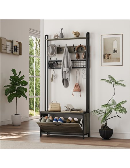 HOMCOM 5-In-1 Industrial-Style Hallway Tree - Grey/Black