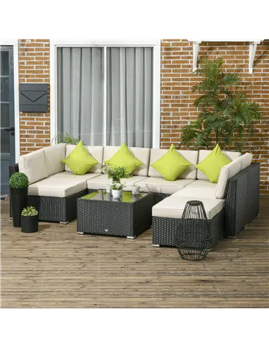 Outsunny 8 Pieces PE Rattan Corner Sofa Set, Outdoor Garden Furniture Set, Patio Wicker Sofa Seater w/ Cushion, Washable Cushion