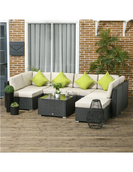 Outsunny 8 Pieces PE Rattan Corner Sofa Set, Outdoor Garden Furniture Set, Patio Wicker Sofa Seater w/ Cushion, Washable Cushion