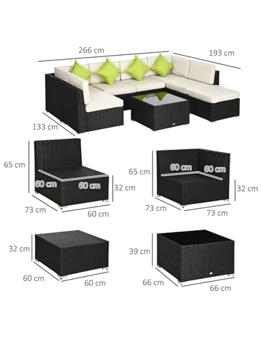 Outsunny 8 Pieces PE Rattan Corner Sofa Set, Outdoor Garden Furniture Set, Patio Wicker Sofa Seater w/ Cushion, Washable Cushion