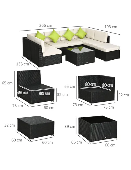 Outsunny 8 Pieces PE Rattan Corner Sofa Set, Outdoor Garden Furniture Set, Patio Wicker Sofa Seater w/ Cushion, Washable Cushion