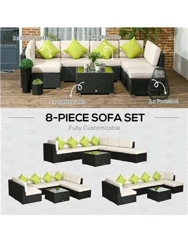 Outsunny 8 Pieces PE Rattan Corner Sofa Set, Outdoor Garden Furniture Set, Patio Wicker Sofa Seater w/ Cushion, Washable Cushion