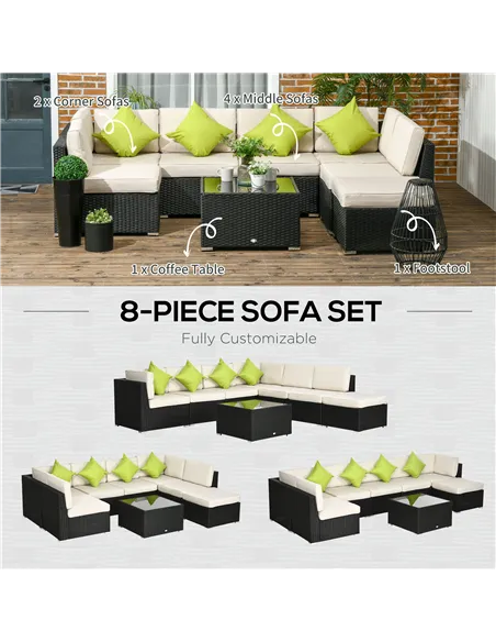 Outsunny 8 Pieces PE Rattan Corner Sofa Set, Outdoor Garden Furniture Set, Patio Wicker Sofa Seater w/ Cushion, Washable Cushion
