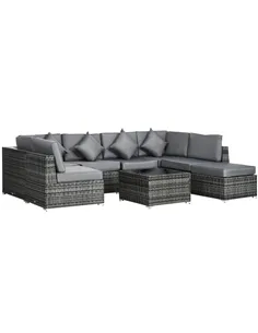 Outsunny 8 Pieces PE Rattan Corner Sofa Set, Outdoor Garden Furniture Set, Patio Wicker Sofa Seater w/ Cushion, Washable Cushion