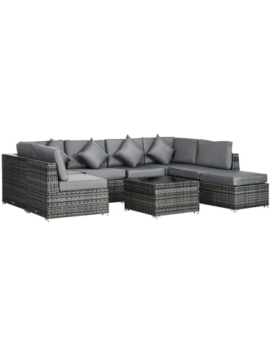 Outsunny 8 Pieces PE Rattan Corner Sofa Set, Outdoor Garden Furniture Set, Patio Wicker Sofa Seater w/ Cushion, Washable Cushion