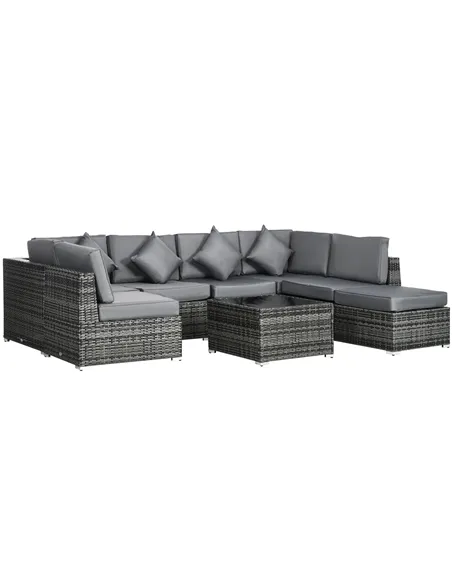 Outsunny 8 Pieces PE Rattan Corner Sofa Set, Outdoor Garden Furniture Set, Patio Wicker Sofa Seater w/ Cushion, Washable Cushion