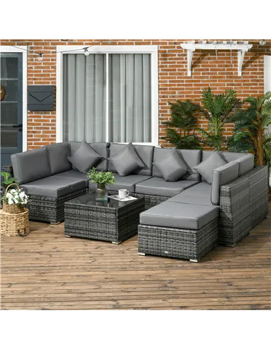 Outsunny 8 Pieces PE Rattan Corner Sofa Set, Outdoor Garden Furniture Set, Patio Wicker Sofa Seater w/ Cushion, Washable Cushion
