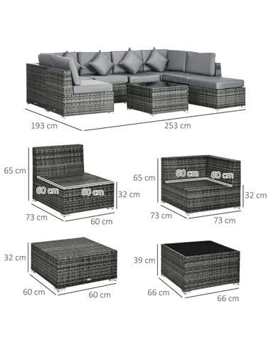 Outsunny 8 Pieces PE Rattan Corner Sofa Set, Outdoor Garden Furniture Set, Patio Wicker Sofa Seater w/ Cushion, Washable Cushion