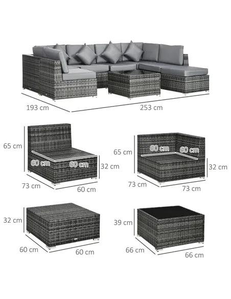 Outsunny 8 Pieces PE Rattan Corner Sofa Set, Outdoor Garden Furniture Set, Patio Wicker Sofa Seater w/ Cushion, Washable Cushion