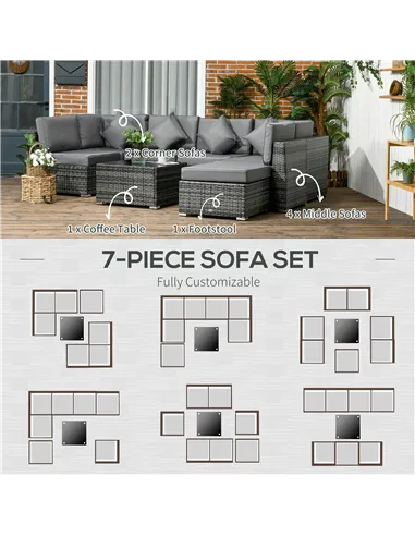 Outsunny 8 Pieces PE Rattan Corner Sofa Set, Outdoor Garden Furniture Set, Patio Wicker Sofa Seater w/ Cushion, Washable Cushion
