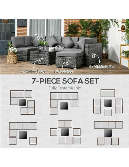 Outsunny 8 Pieces PE Rattan Corner Sofa Set, Outdoor Garden Furniture Set, Patio Wicker Sofa Seater w/ Cushion, Washable Cushion