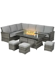 Outsunny Seven-Piece Firepit Table Rattan Sofa Set - Grey