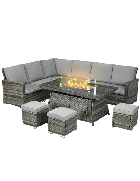 Outsunny Seven-Piece Firepit Table Rattan Sofa Set - Grey