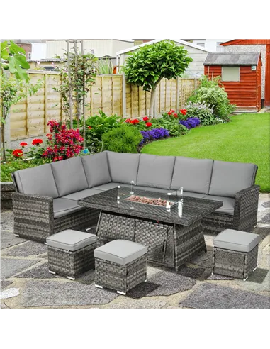 Outsunny Seven-Piece Firepit Table Rattan Sofa Set - Grey