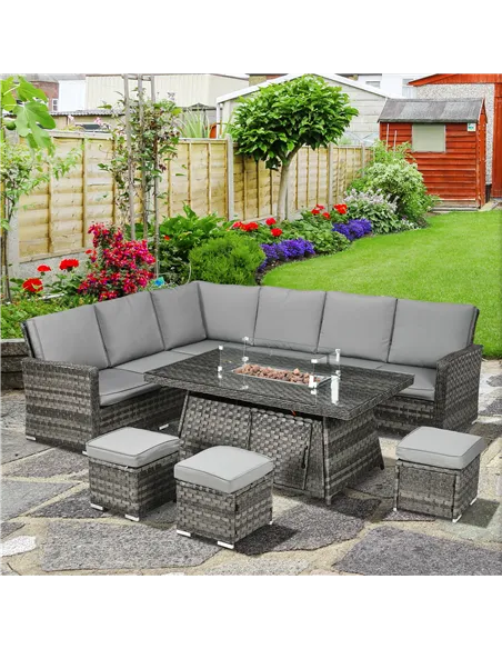 Outsunny Seven-Piece Firepit Table Rattan Sofa Set - Grey