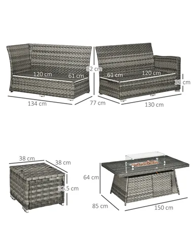 Outsunny Seven-Piece Firepit Table Rattan Sofa Set - Grey