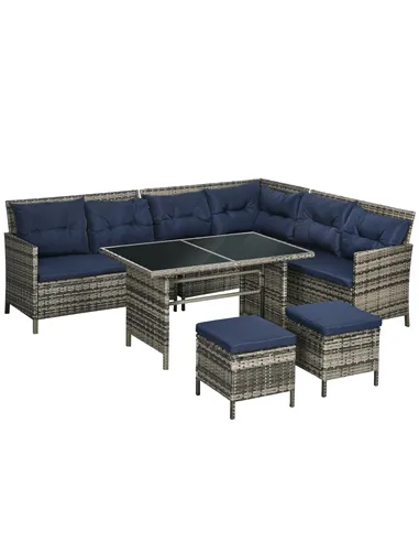Outsunny 7-Seater Patio wicker Sofa Set Rattan Chair Furniture w/ Glass & Cushioned, Dark Blue