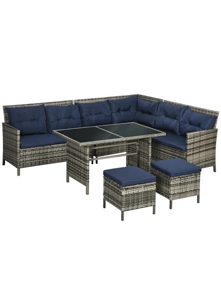 Outsunny 7-Seater Patio wicker Sofa Set Rattan Chair Furniture w/ Glass & Cushioned, Dark Blue